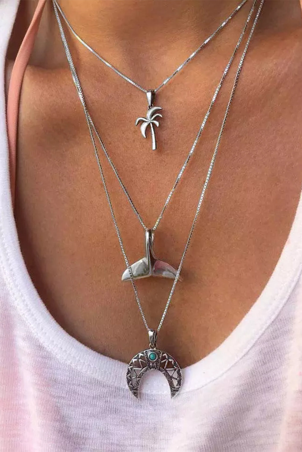 Silver Multi-Layered Palm Leaf Turquoise Moon Pendant Necklace Jewelry JT's Designer Fashion