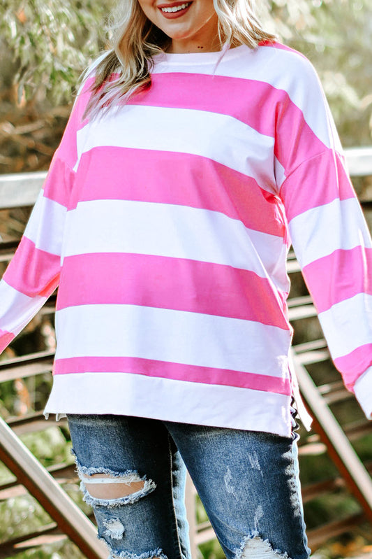 Pink Striped Side Slit Plus Size Sweatshirt Plus Size Tops JT's Designer Fashion