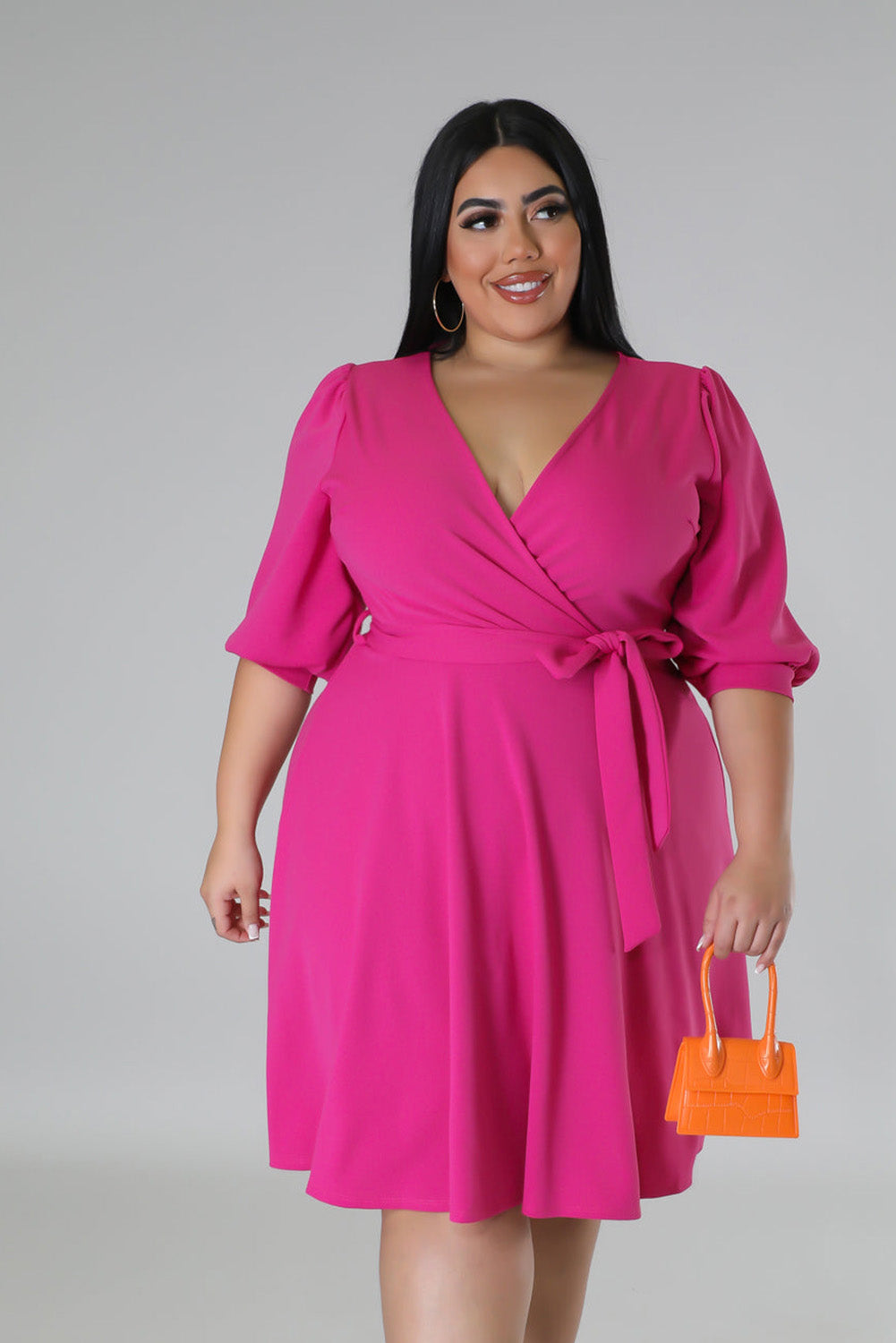 Rose Plus Size V Neck Wrap Puff Sleeve Dress Plus Size JT's Designer Fashion