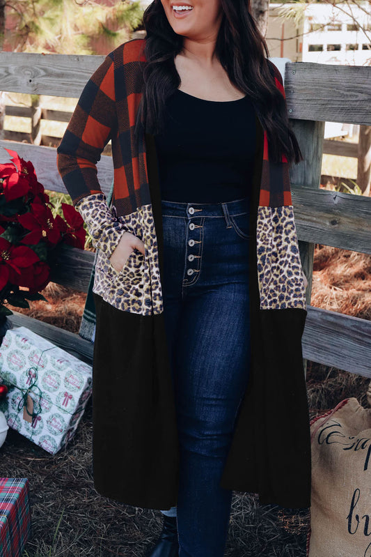 Red Buffalo Plaid Leopard Colorblock Plus Size Duster Cardigan Plus Size Tops JT's Designer Fashion