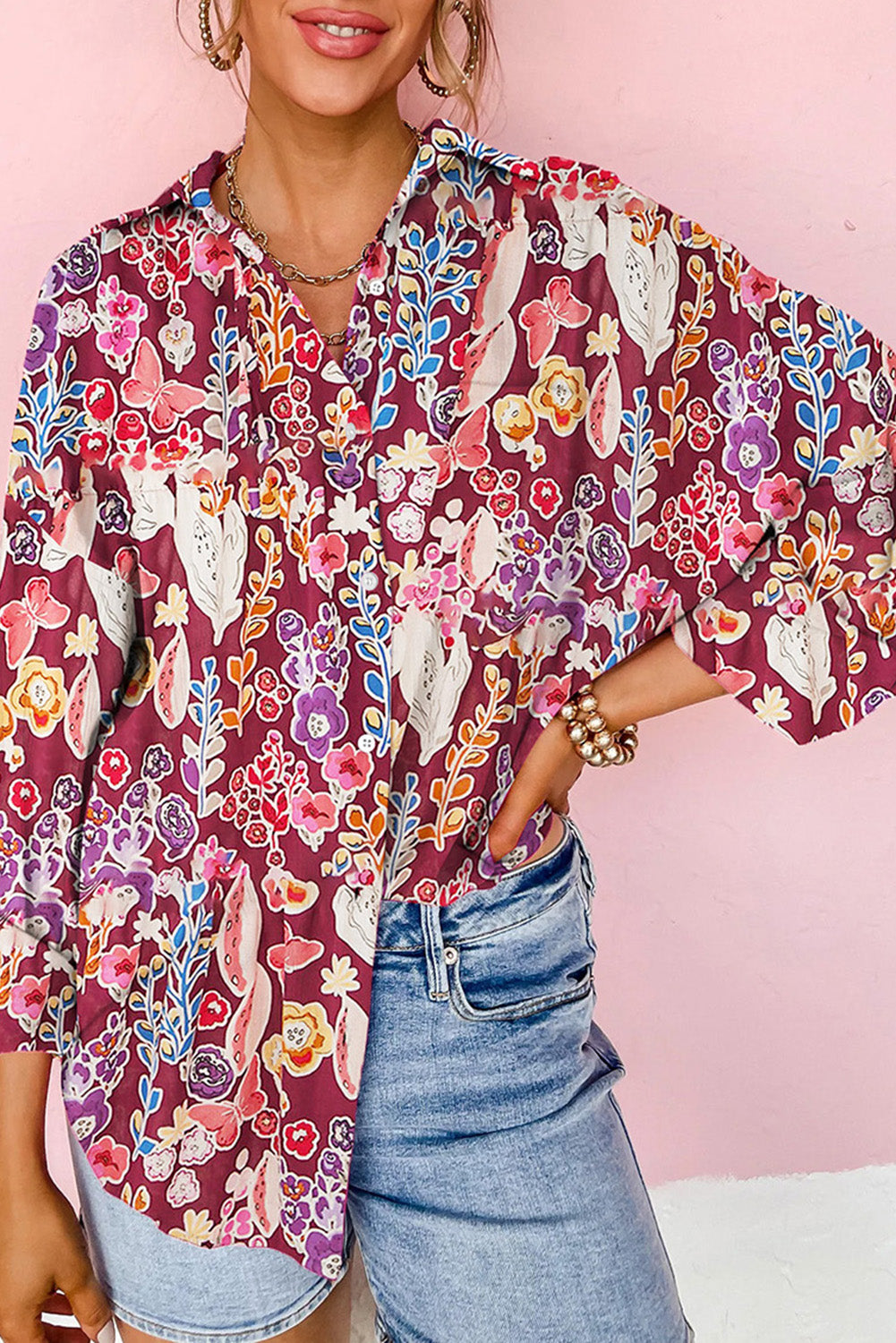 Multicolor Floral Button-Down Long Sleeve Shirt Tops & Tees JT's Designer Fashion