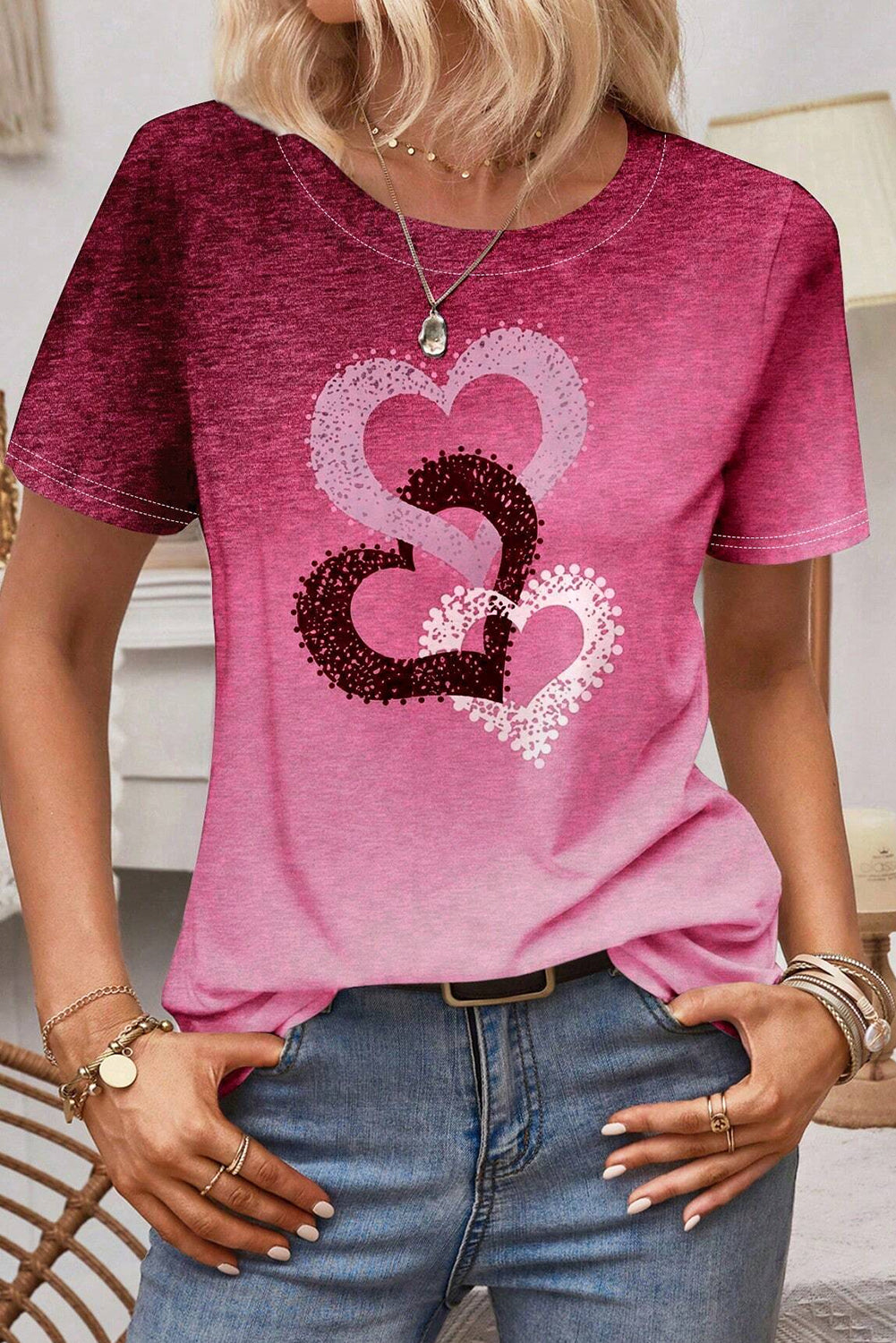 Pitaya Pink Valentine Heart Graphic Casual Gradient Tee Tops & Tees JT's Designer Fashion