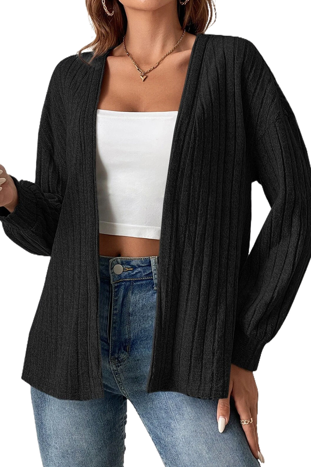 Black Plus Size Drop Shoulder Open Front Ribbed Knit Cardigan Outerwear JT's Designer Fashion