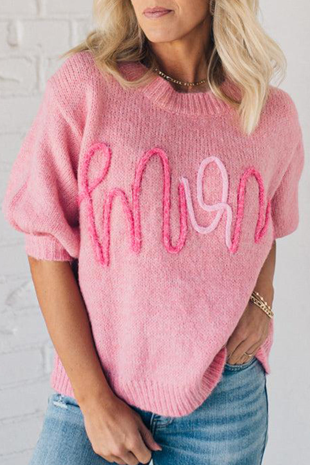 Pink MOM Lettering Short Puff Sleeve Knitted Sweater Pre Order Sweaters & Cardigans JT's Designer Fashion