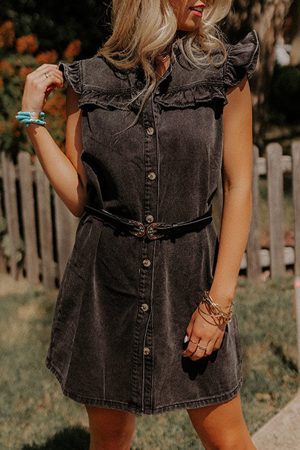 Black Ruffled Cap Sleeves Button Up Denim Dress Mini Dresses JT's Designer Fashion