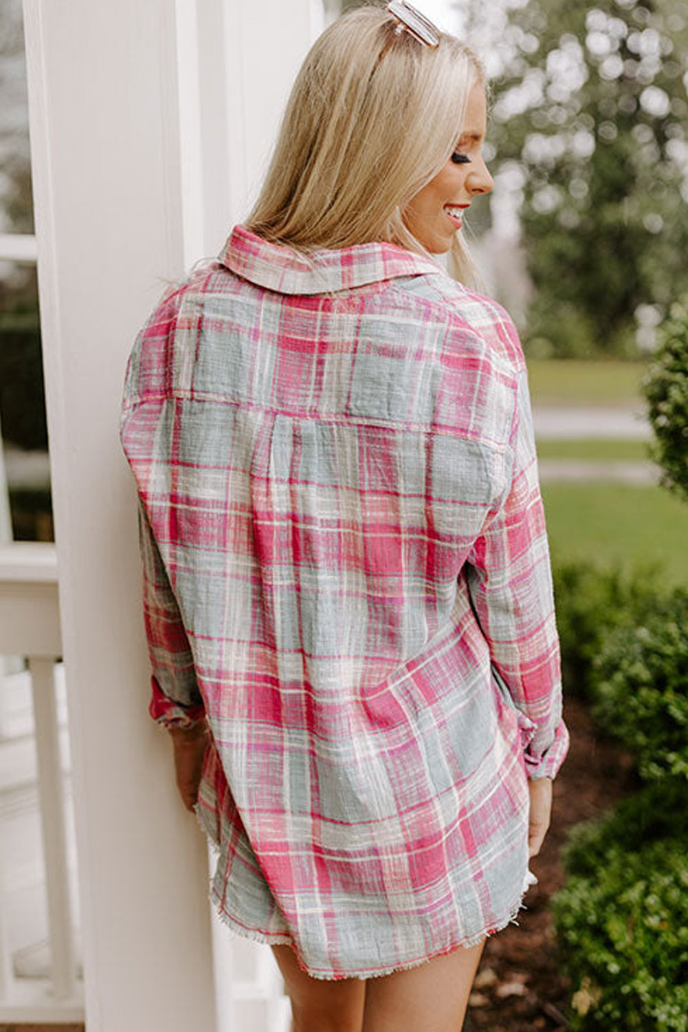 Pink Distressed Raw Edge Plaid Print Shirt Tops & Tees JT's Designer Fashion