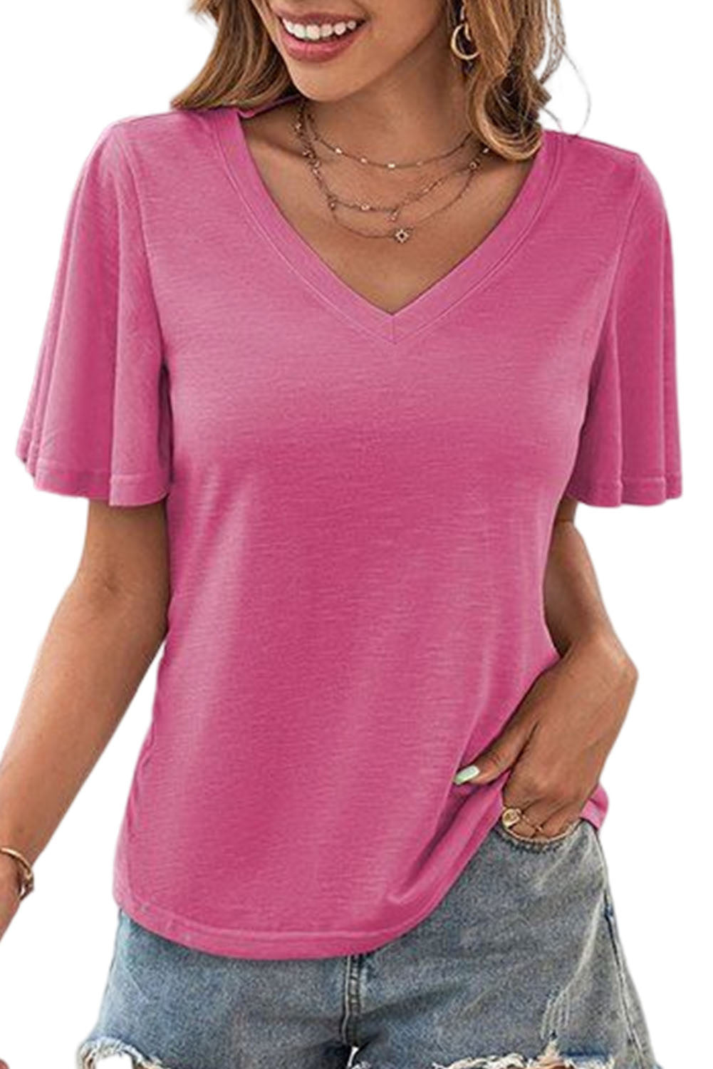 Pink Bell Sleeve V-Neck Top Tops & Tees JT's Designer Fashion