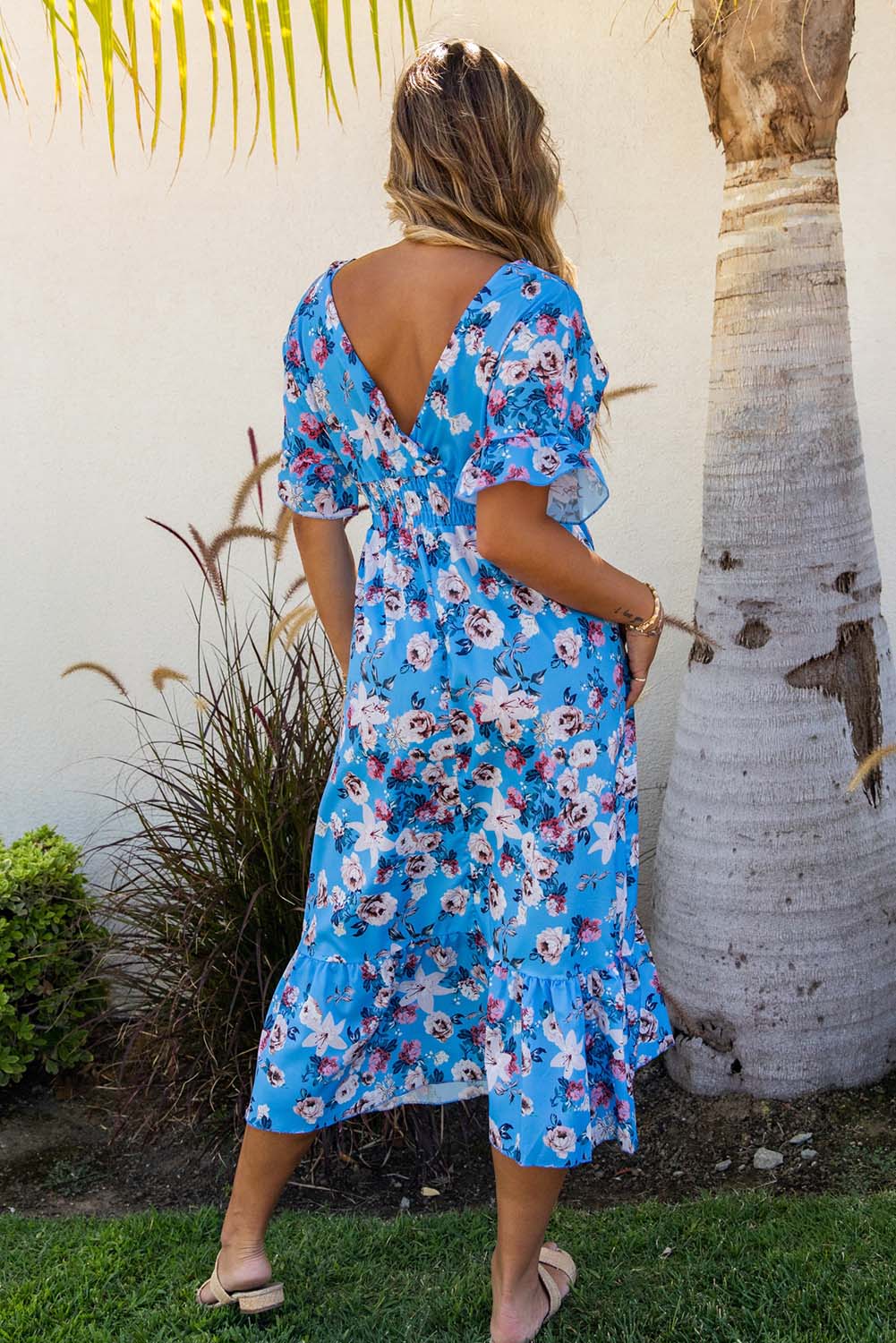 Blue Ruffle Short Sleeve Bohemian Flower Long Dress Floral Dresses JT's Designer Fashion