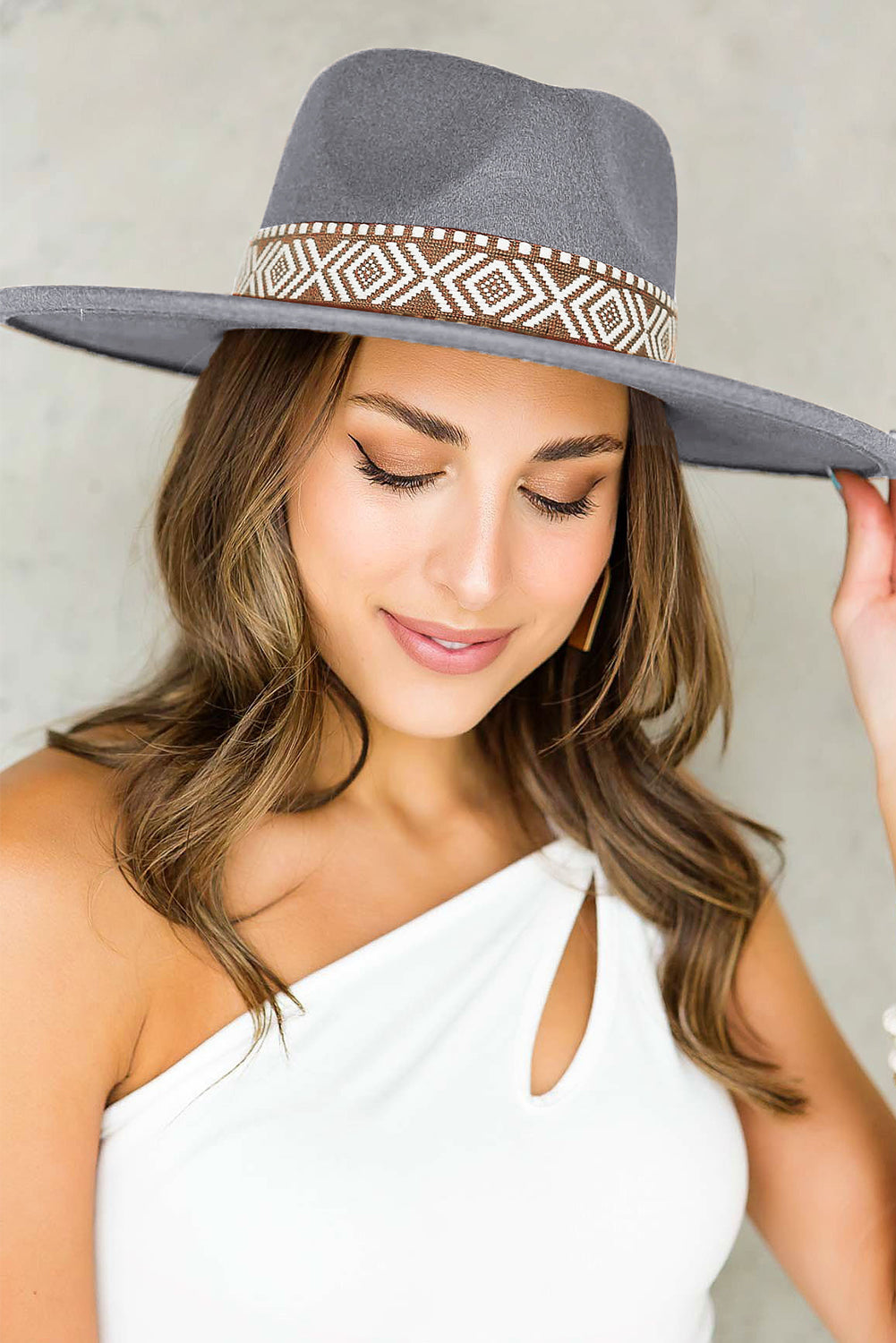 Gray Aztec Embroidery Retro Flat Fedora Hat Hats & Caps JT's Designer Fashion