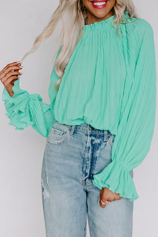 Green Striking Pleated Flared Cuff Long Sleeve Blouse Tops & Tees JT's Designer Fashion