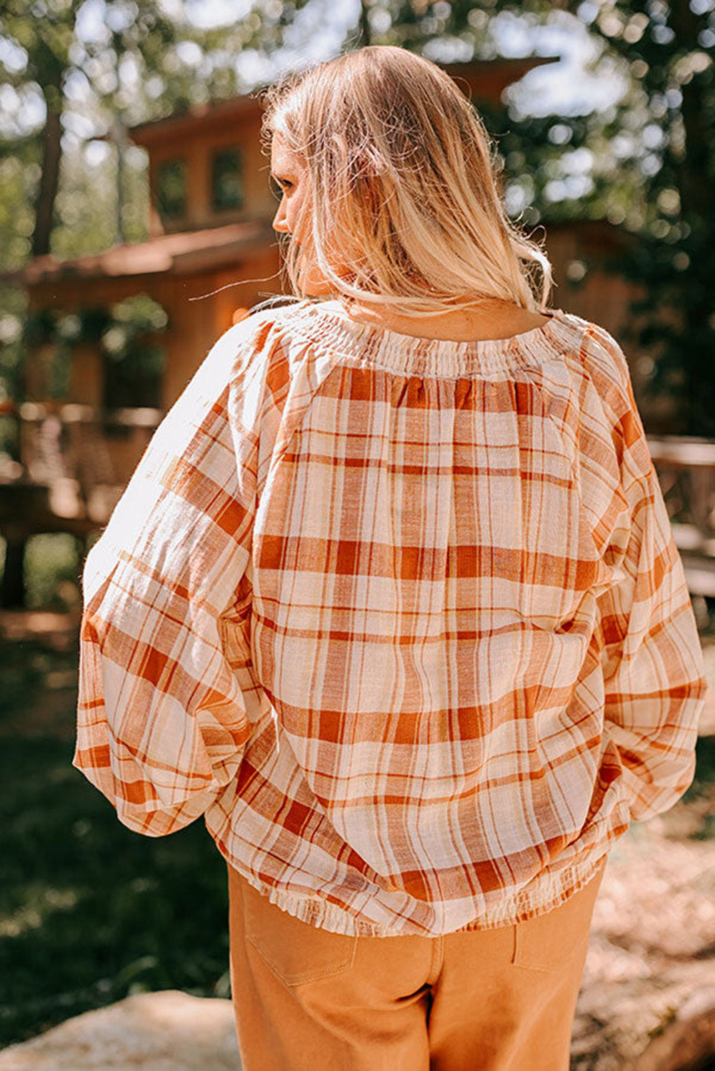 Orange Stripe Plus Plaid Shirred Split Neck Puff Sleeve Blouse Plus Size JT's Designer Fashion