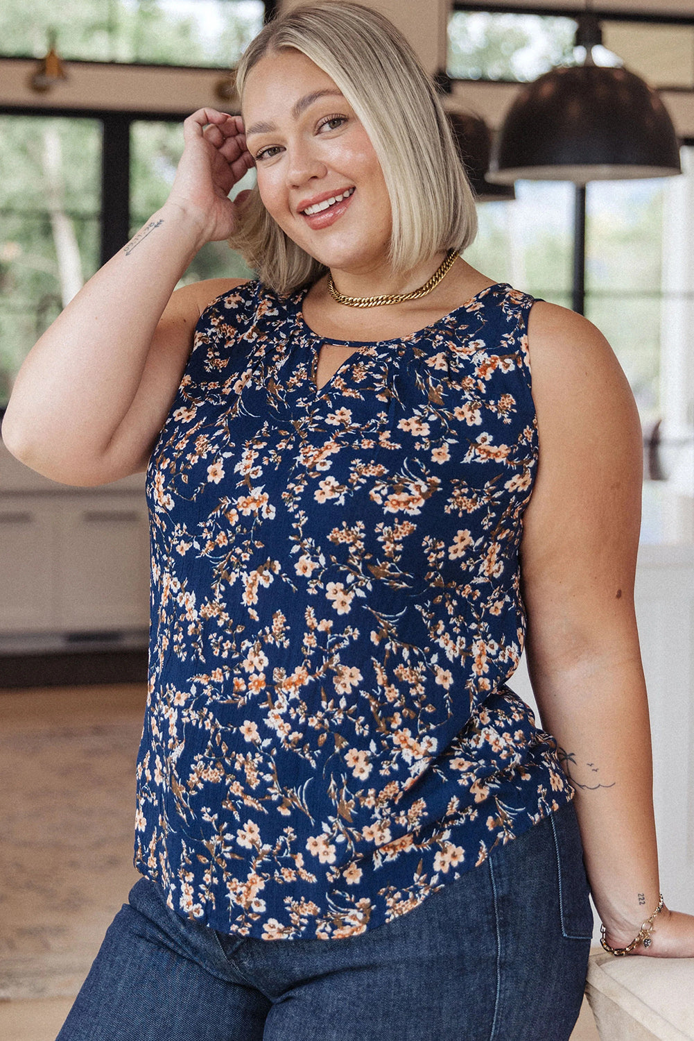 Blue Floral Keyhole Round Neck Plus Size Tank Top Plus Size JT's Designer Fashion