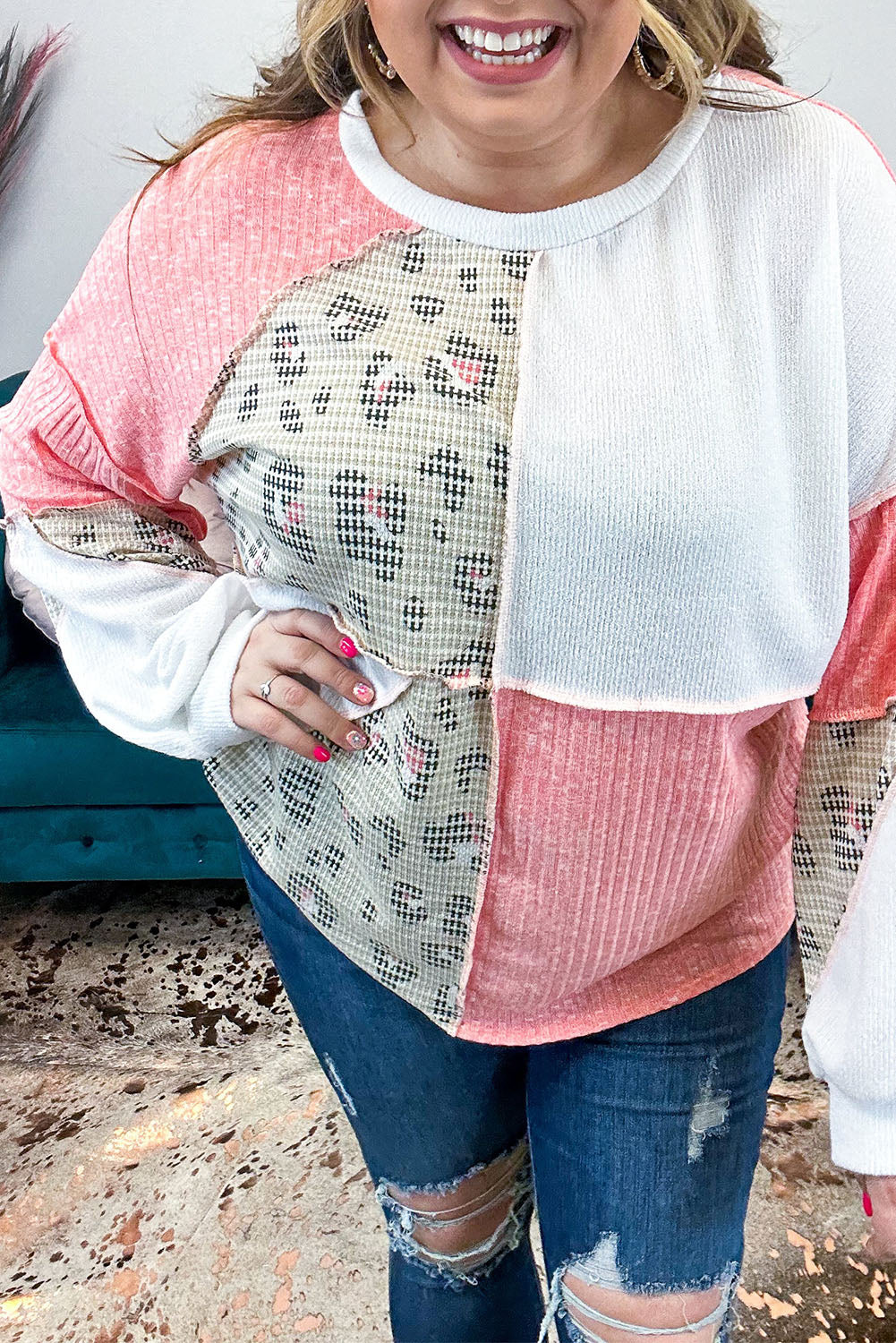 Pink Leopard Patchwork Color Block Knitted Plus Size Top Plus Size JT's Designer Fashion