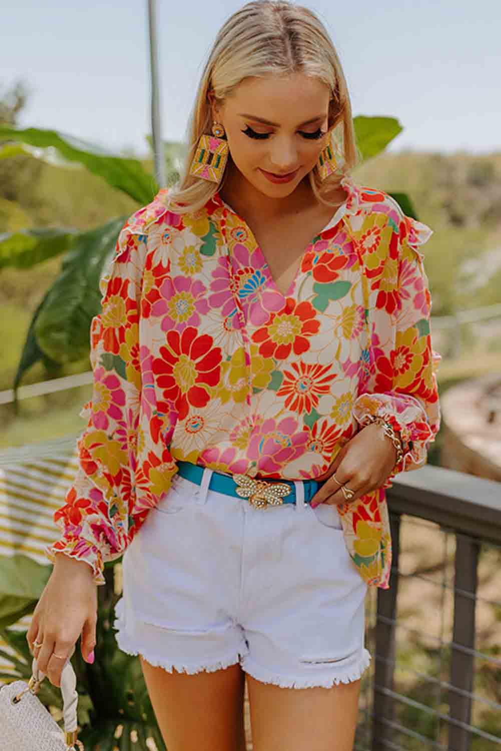 Orange Frilled Long Puff Sleeve Sweet Floral Blouse Tops & Tees JT's Designer Fashion