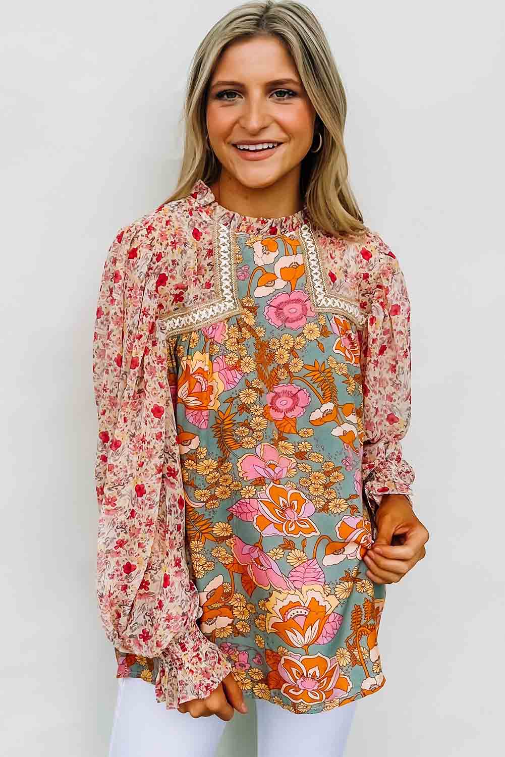 Multicolor Lace Trim Contrast Floral Long Puff Sleeve Blouse Tops & Tees JT's Designer Fashion