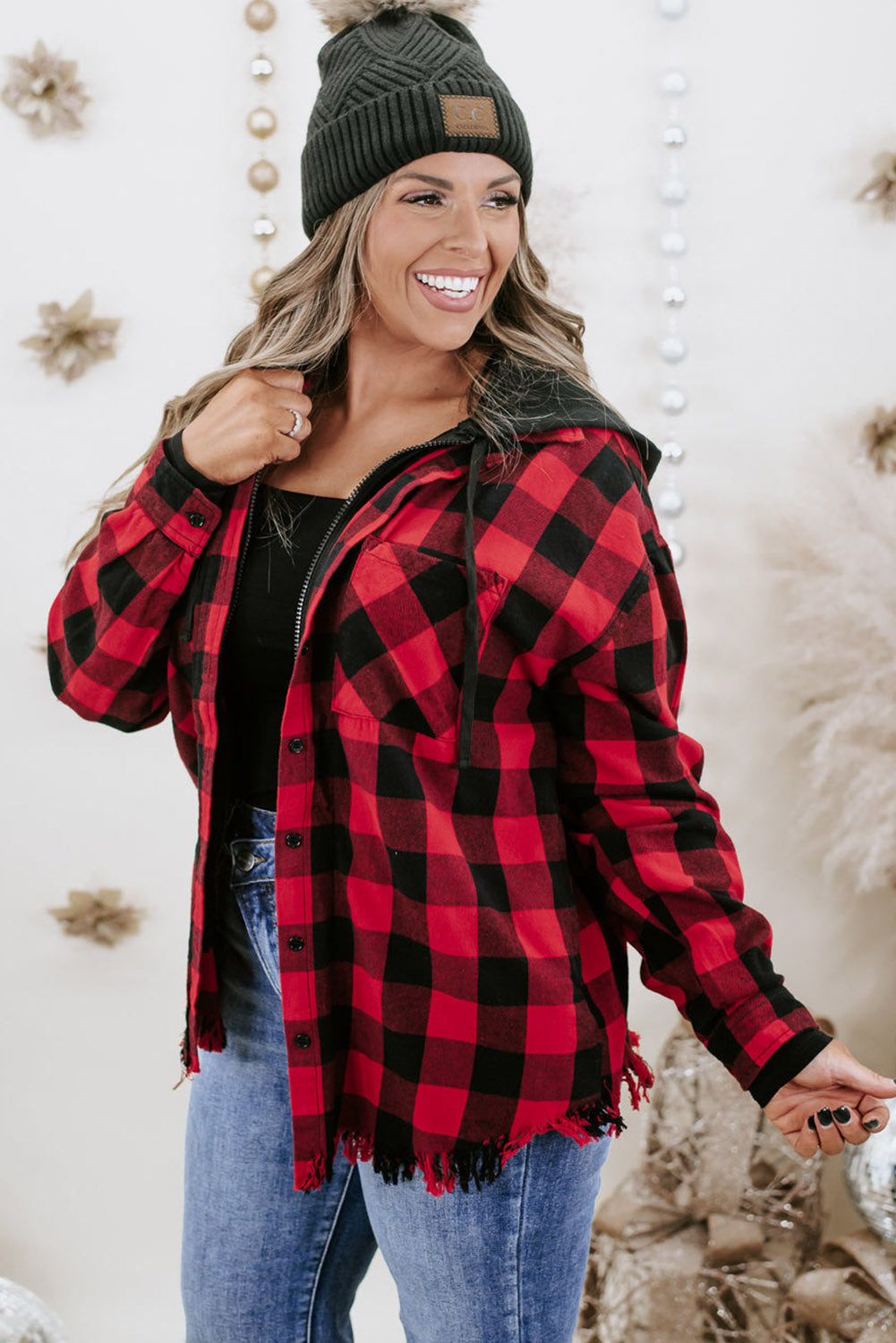 Ruby Plus Size Plaid Hooded Distressed Zip-Up Jacket Plus Size JT's Designer Fashion