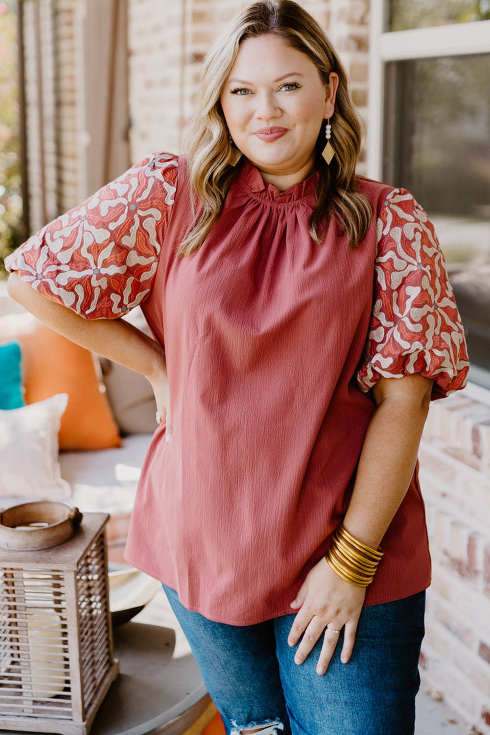 Peach Blossom Contrast Embroidered Sleeve Plus Size Blouse Plus Size JT's Designer Fashion