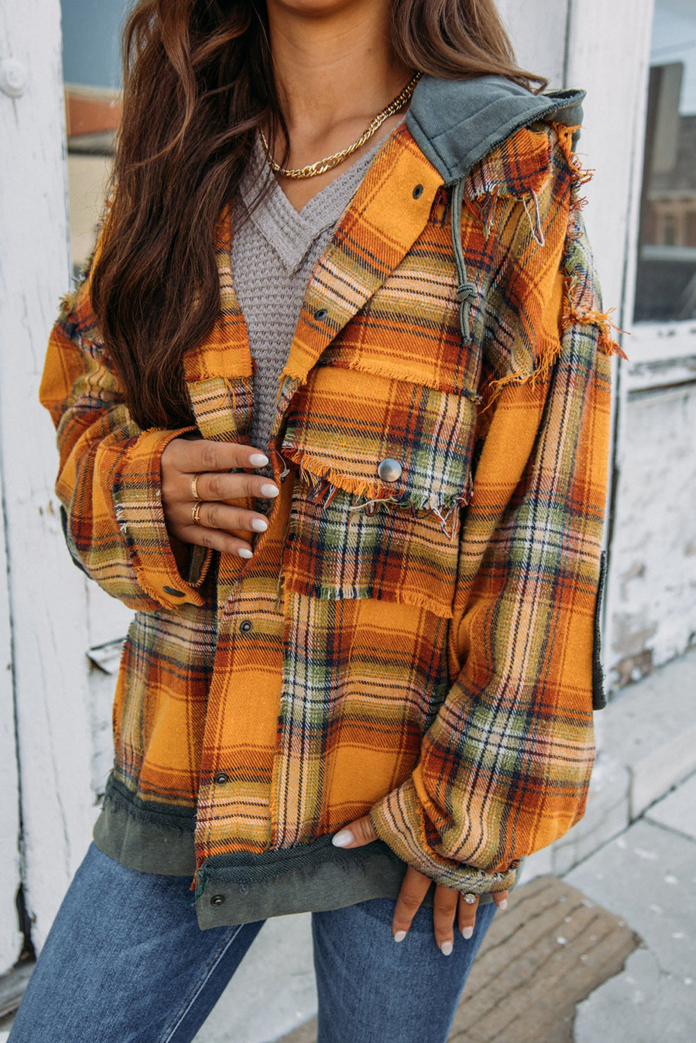 Yellow Printed Distressed Plaid Contrast Hooded Plus Jacket Plus Size JT's Designer Fashion