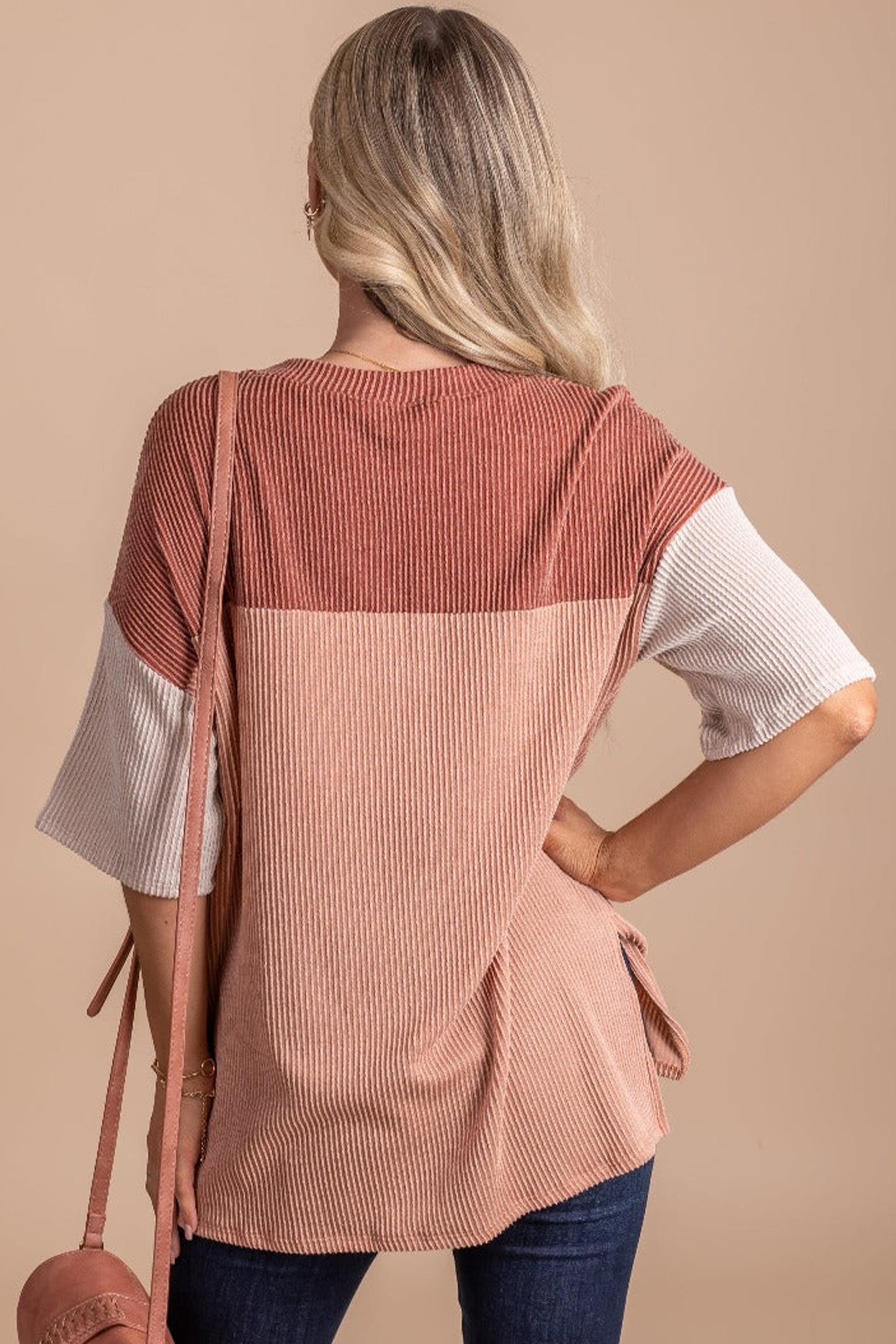 Rose Pink Color Block Ribbed Side Slits Half Sleeve Top Tops & Tees JT's Designer Fashion