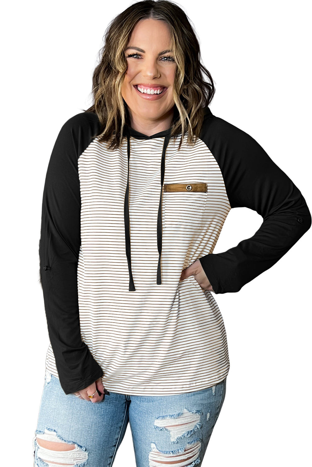 Black Green Striped Raglan Sleeve Buttoned Pocket Plus Size Hoodie Plus Size JT's Designer Fashion