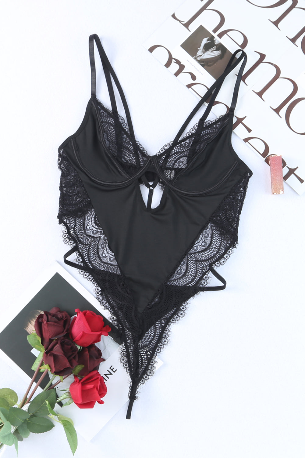 Black Lace Satin Cutout Strappy Teddy Lingerie Teddy Lingerie JT's Designer Fashion