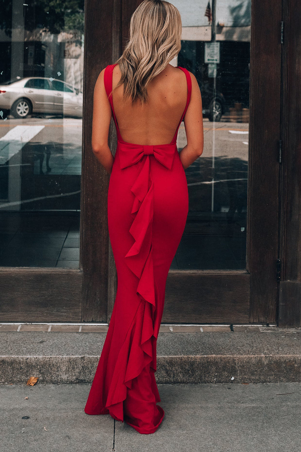 Red Bow Knot Ruffled Backless Sleeveless Gown Evening Dresses JT's Designer Fashion