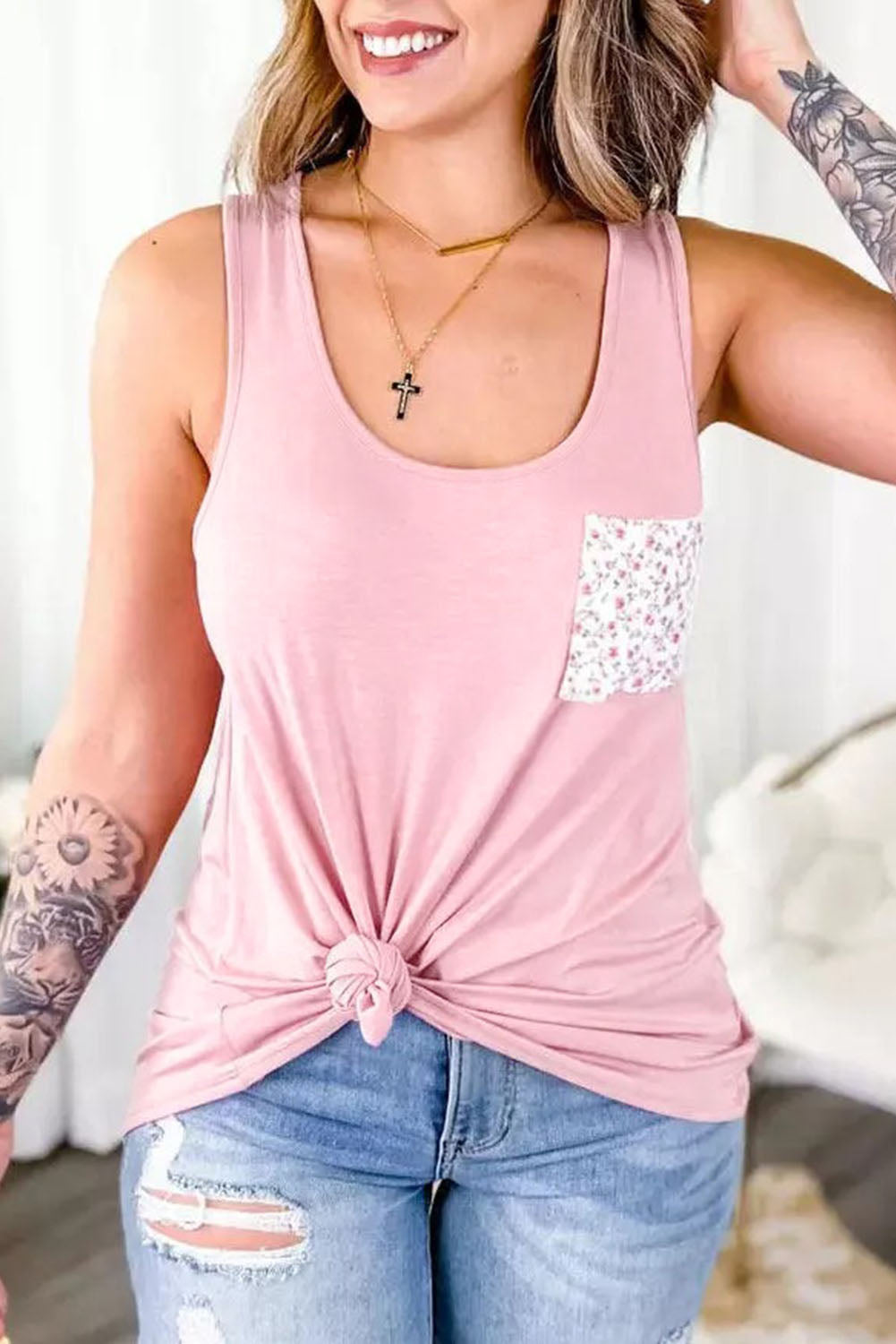 Pink Floral Patch Pocket Tank Top Pink 95%Polyester+5%Elastane Tank Tops JT's Designer Fashion