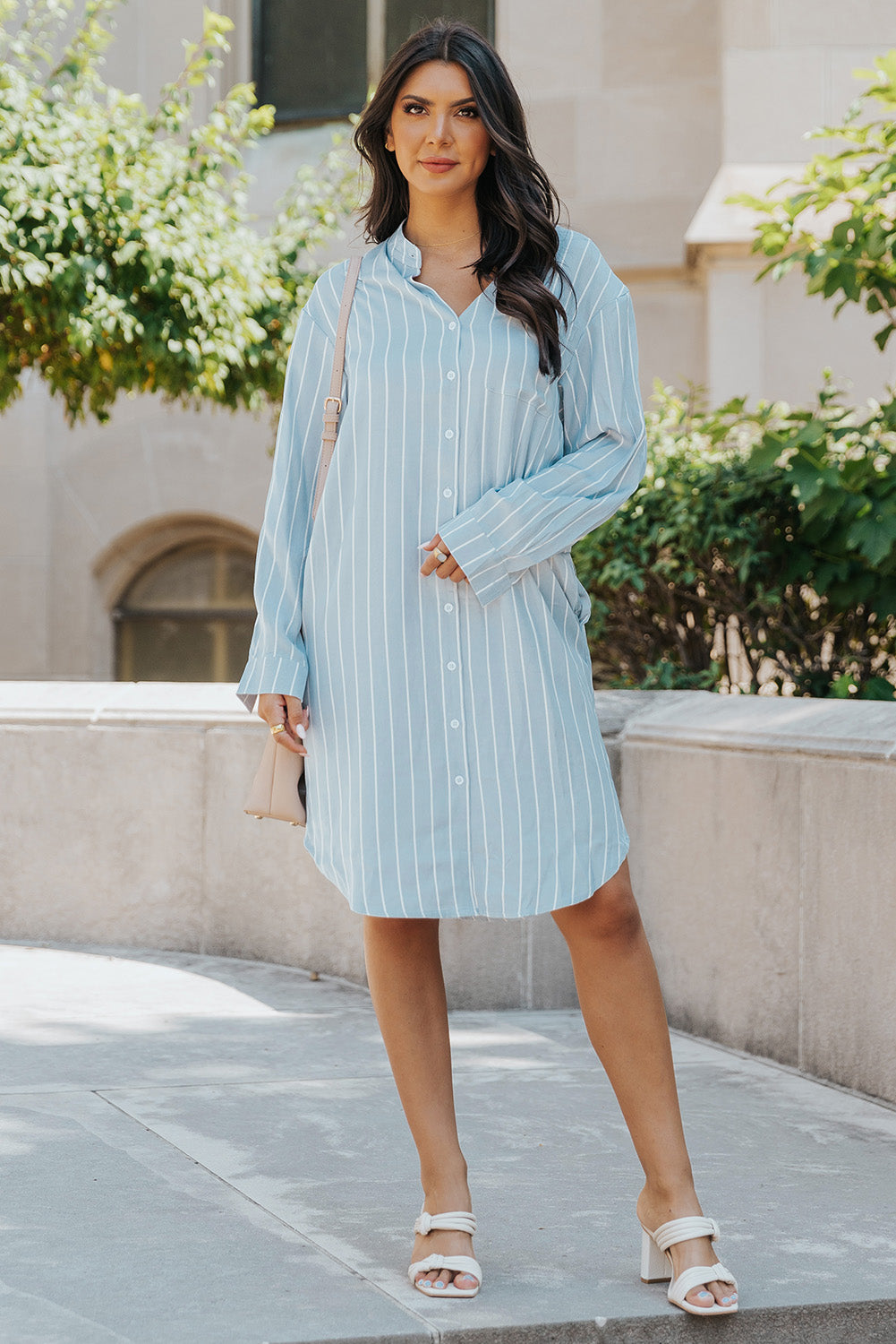 Sky Blue Striped Shirt Midi Dress with Sash T Shirt Dresses JT's Designer Fashion