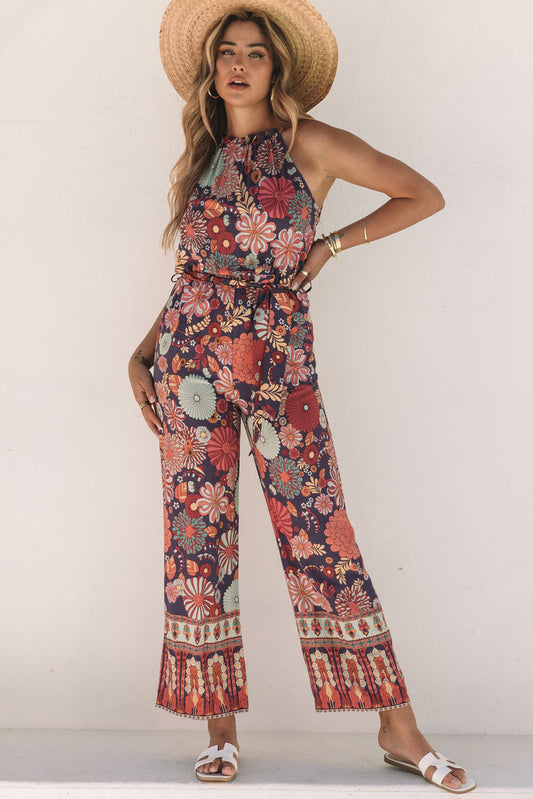 Purple Floral Print Frill Halterneck Wide Leg Jumpsuit Bottoms JT's Designer Fashion