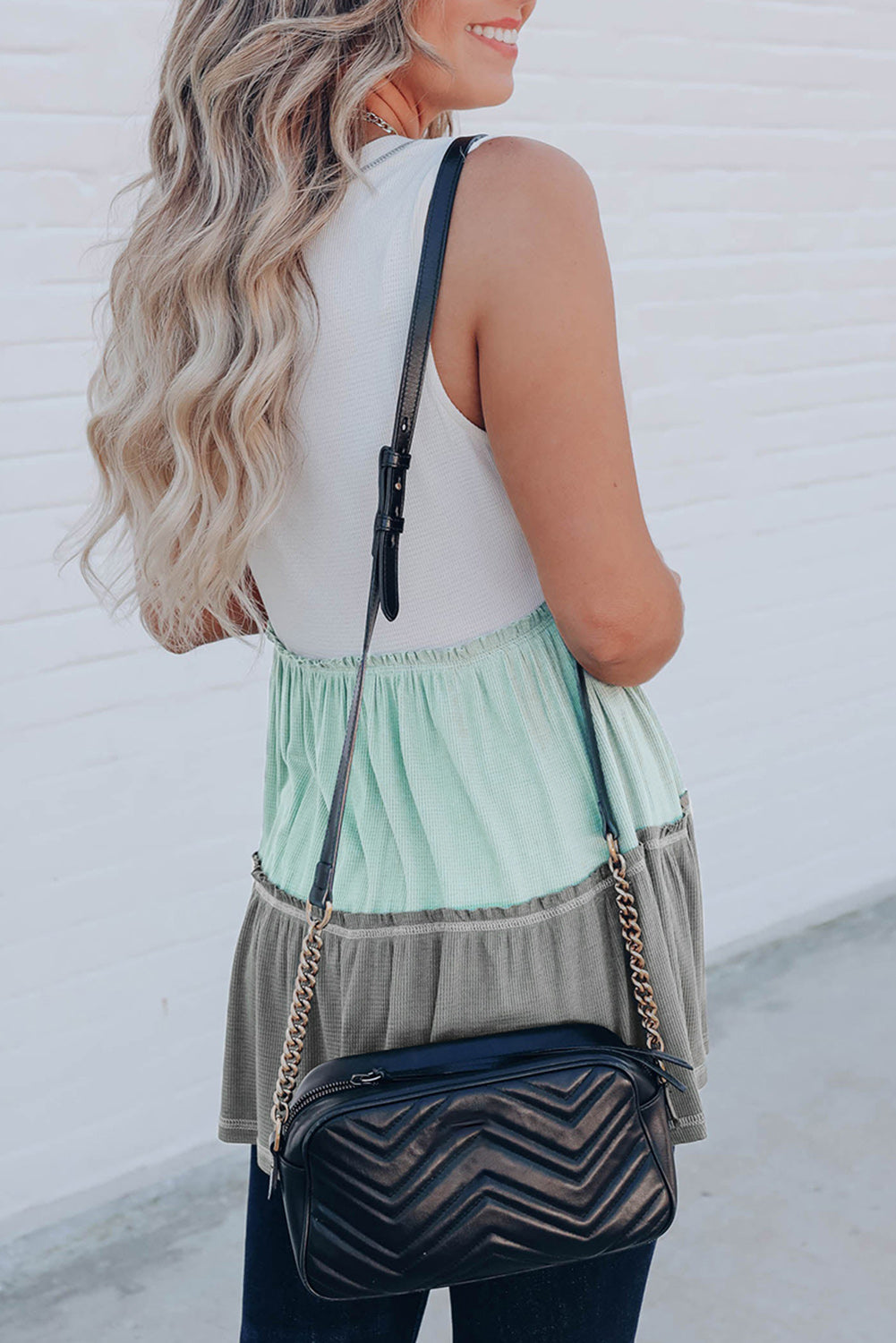 Green Ruffled V Neck Color Block Tank Top Tank Tops JT's Designer Fashion