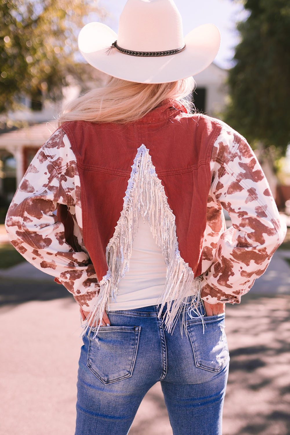 Red Abstract Print Sleeve Split Fringed Back Denim Jacket Denim jackets JT's Designer Fashion