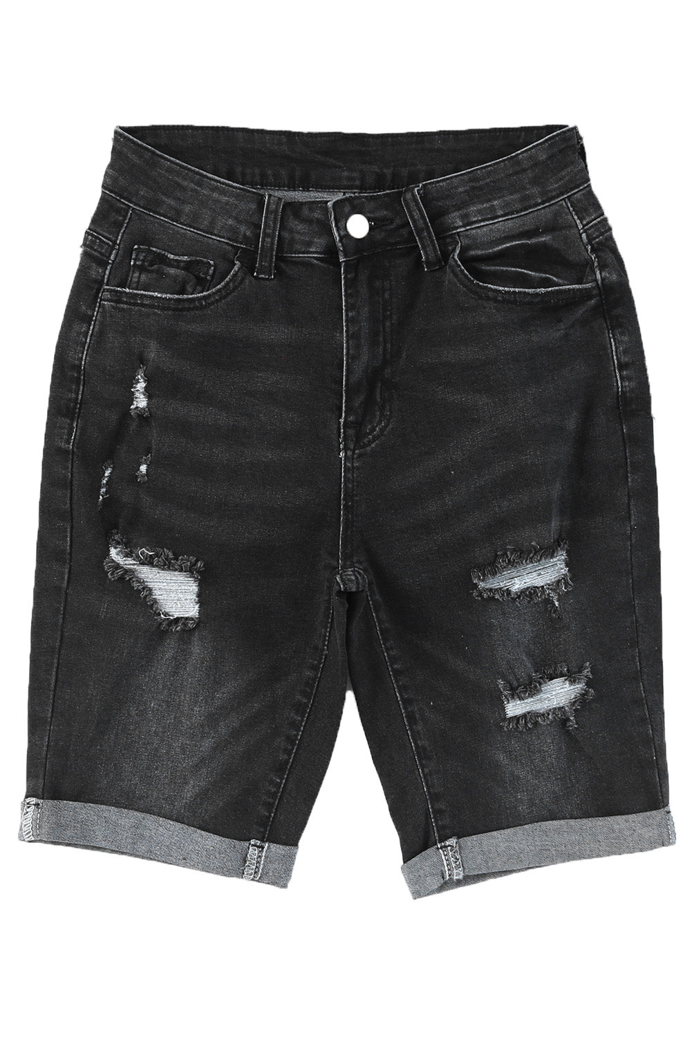 Black Roll-up Distressed Bermuda Denim Shorts Denim Shorts JT's Designer Fashion