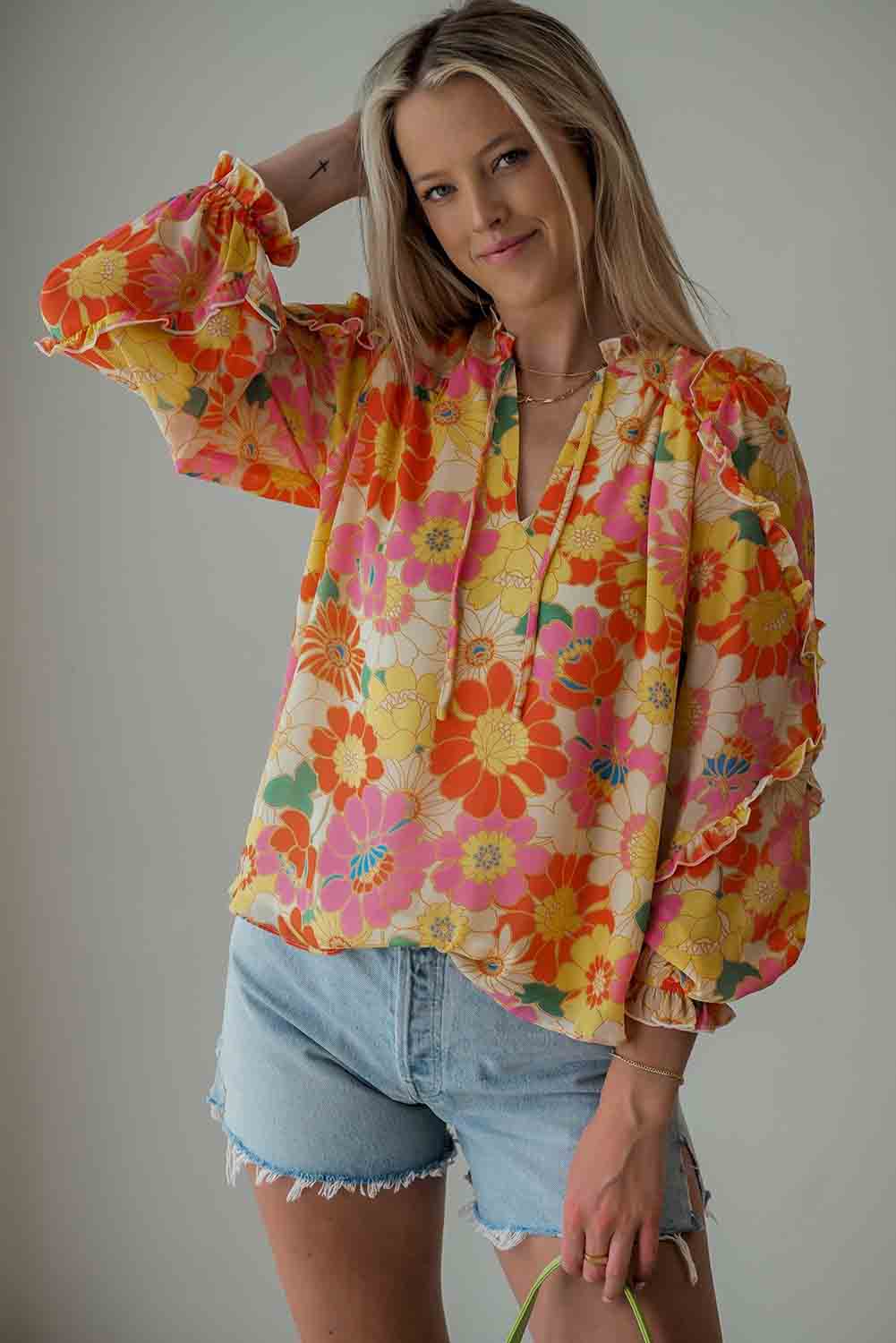 Orange Frilled Long Puff Sleeve Sweet Floral Blouse Tops & Tees JT's Designer Fashion