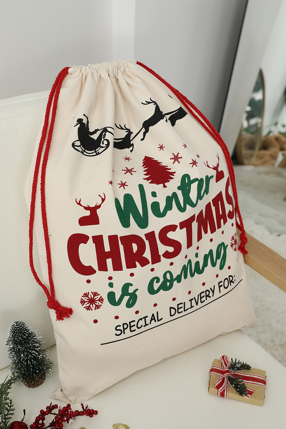 Multicolor Christmas Graphic Print Canvas Drawstring Gift Bag Other Accessories JT's Designer Fashion