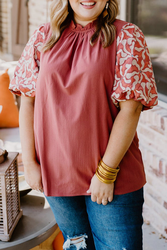 Peach Blossom Contrast Embroidered Sleeve Plus Size Blouse Plus Size JT's Designer Fashion