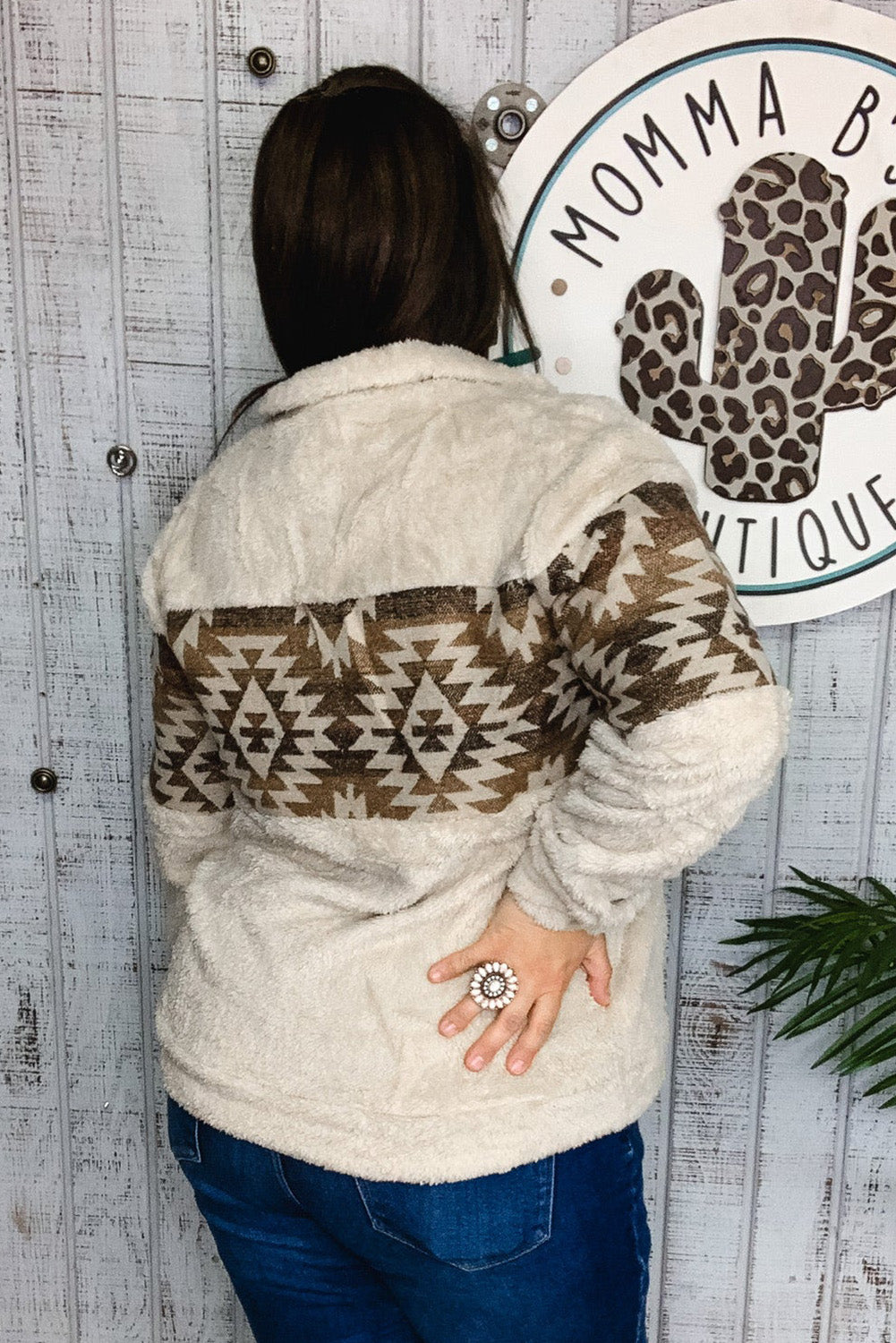 Beige Printed Plus Size Aztec Sherpa Hoodie Plus Size JT's Designer Fashion