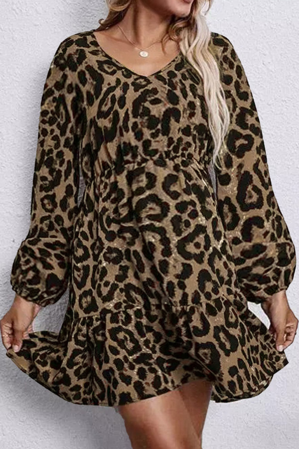 Printed Plus Size Leopard Puff Sleeve V-Neck Ruffle Dress Plus Size JT's Designer Fashion