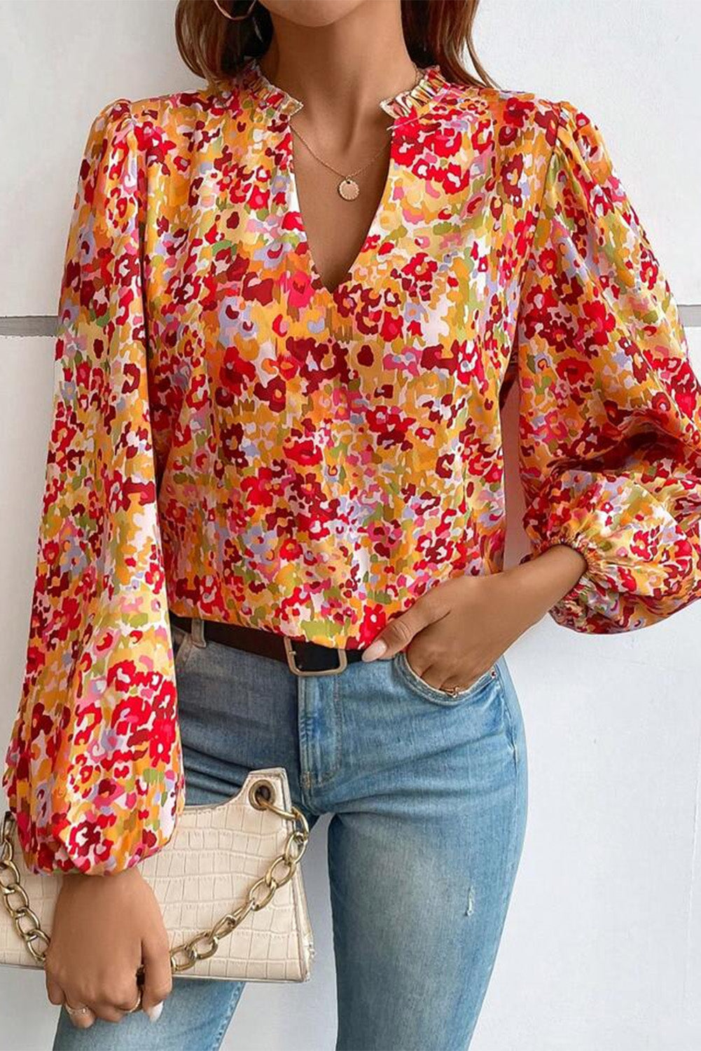 Grapefruit Orange Frilled Split Neck Bubble Sleeve Floral Blouse Tops & Tees JT's Designer Fashion