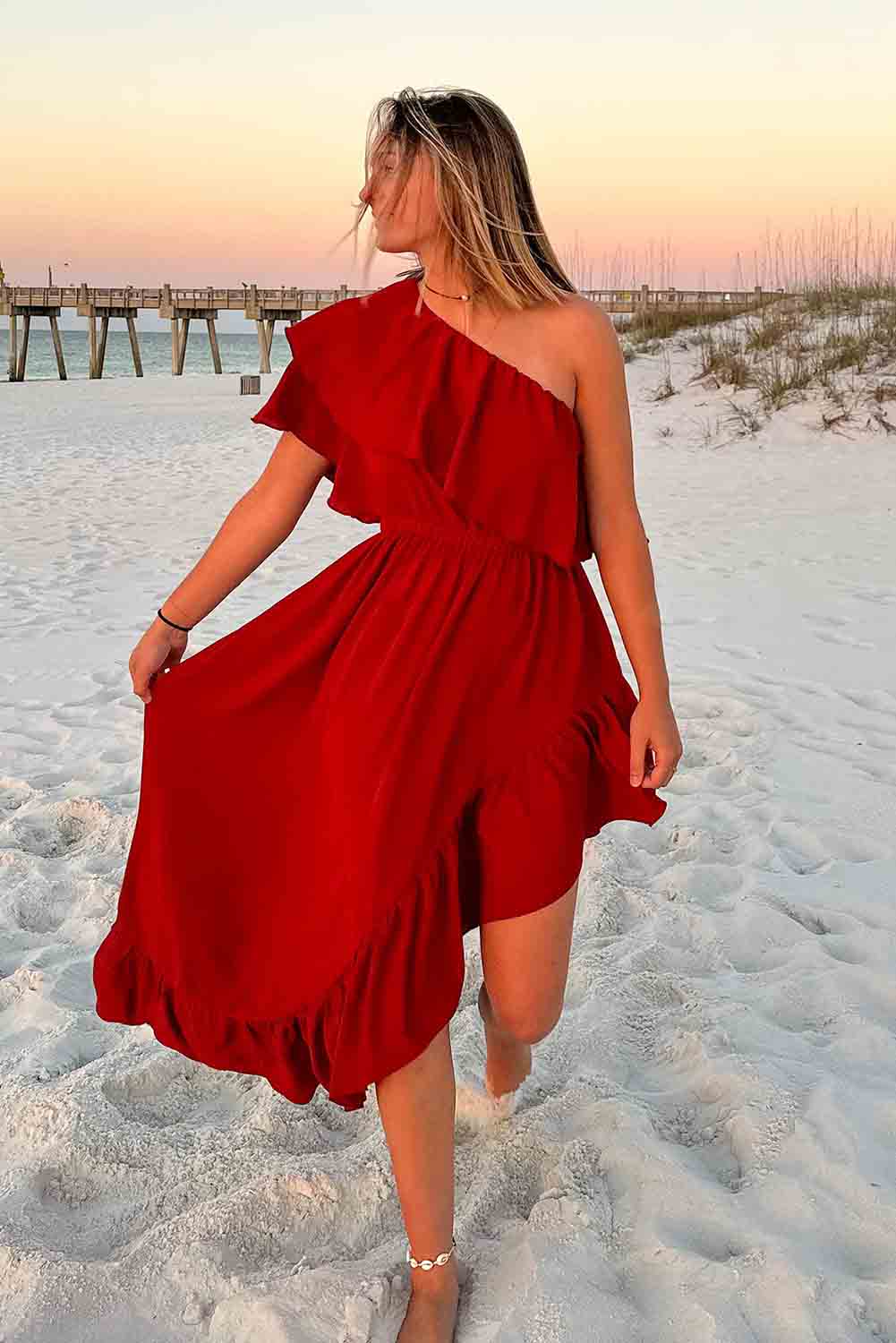 Red Single Shoulder Ruffle High Low Maxi Dress Dresses JT's Designer Fashion