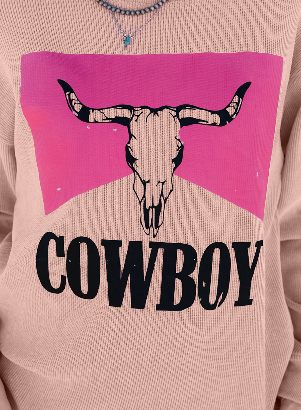 Pink Steer Head Cowboy Print Corded Pullover Sweatshirt Graphic Sweatshirts JT's Designer Fashion