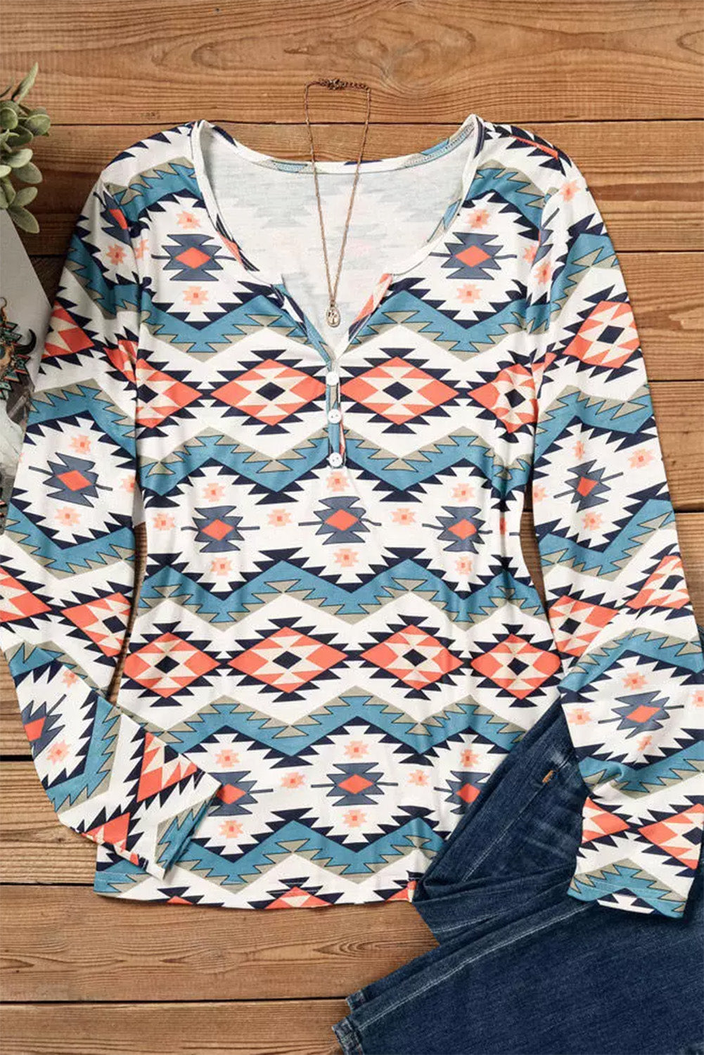 Bright White Aztec Print Button Split Neck Plus Long Sleeve Top Plus Size JT's Designer Fashion