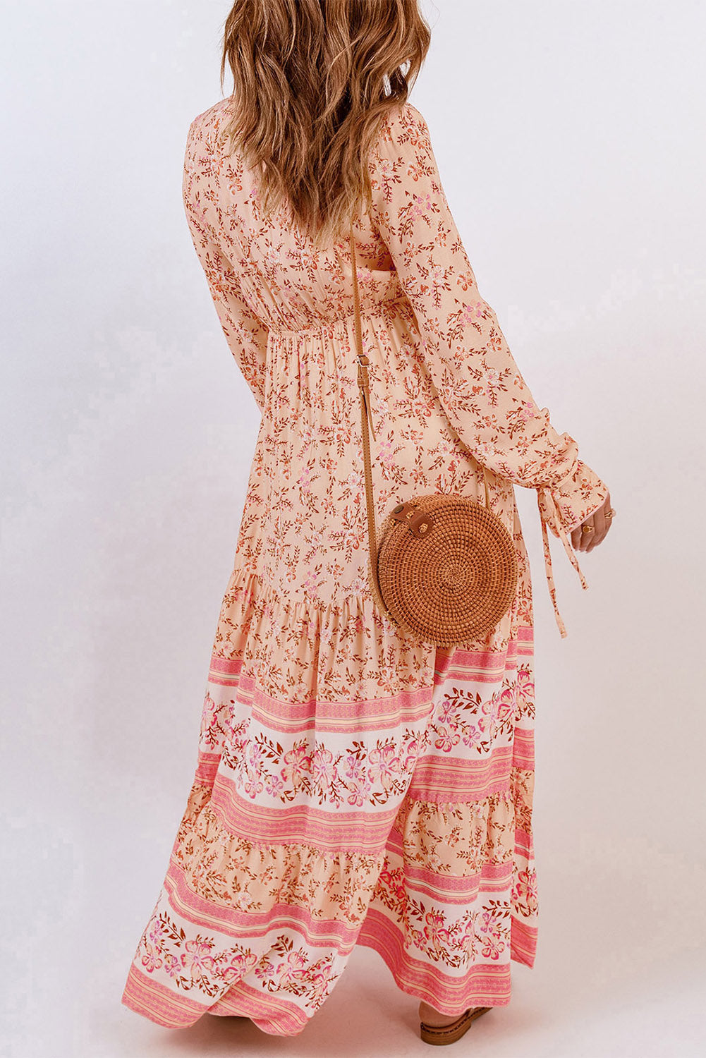 Orange Drawstring Lace-up V Neck Long Sleeve Floral Maxi Dress Maxi Dresses JT's Designer Fashion