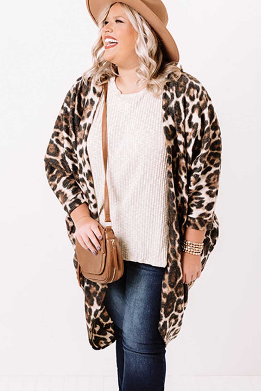 Leopard Plus Size Draped Open Front Cardigan Plus Size JT's Designer Fashion