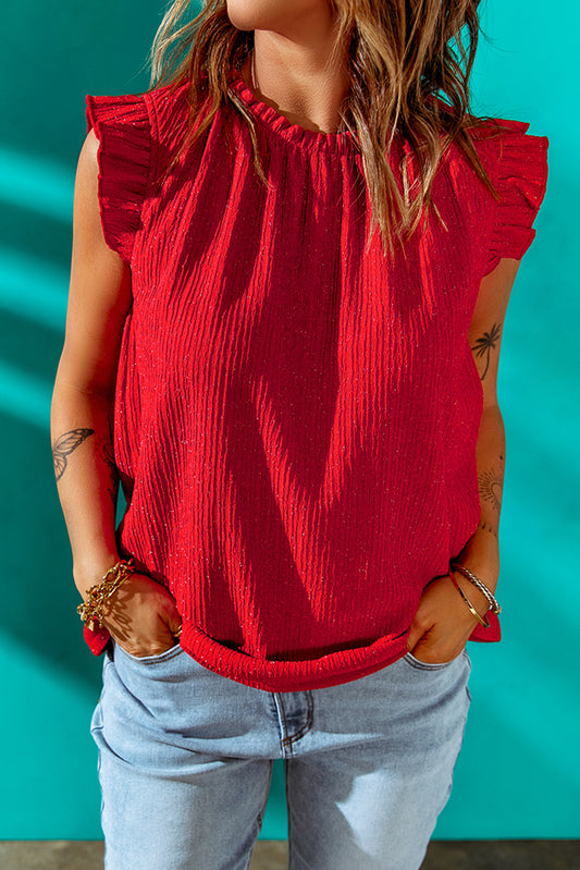 Fiery Red Ruffled Ribbed O-neck Sleeveless Top Fiery Red 95%Polyester+5%Elastane Tank Tops JT's Designer Fashion