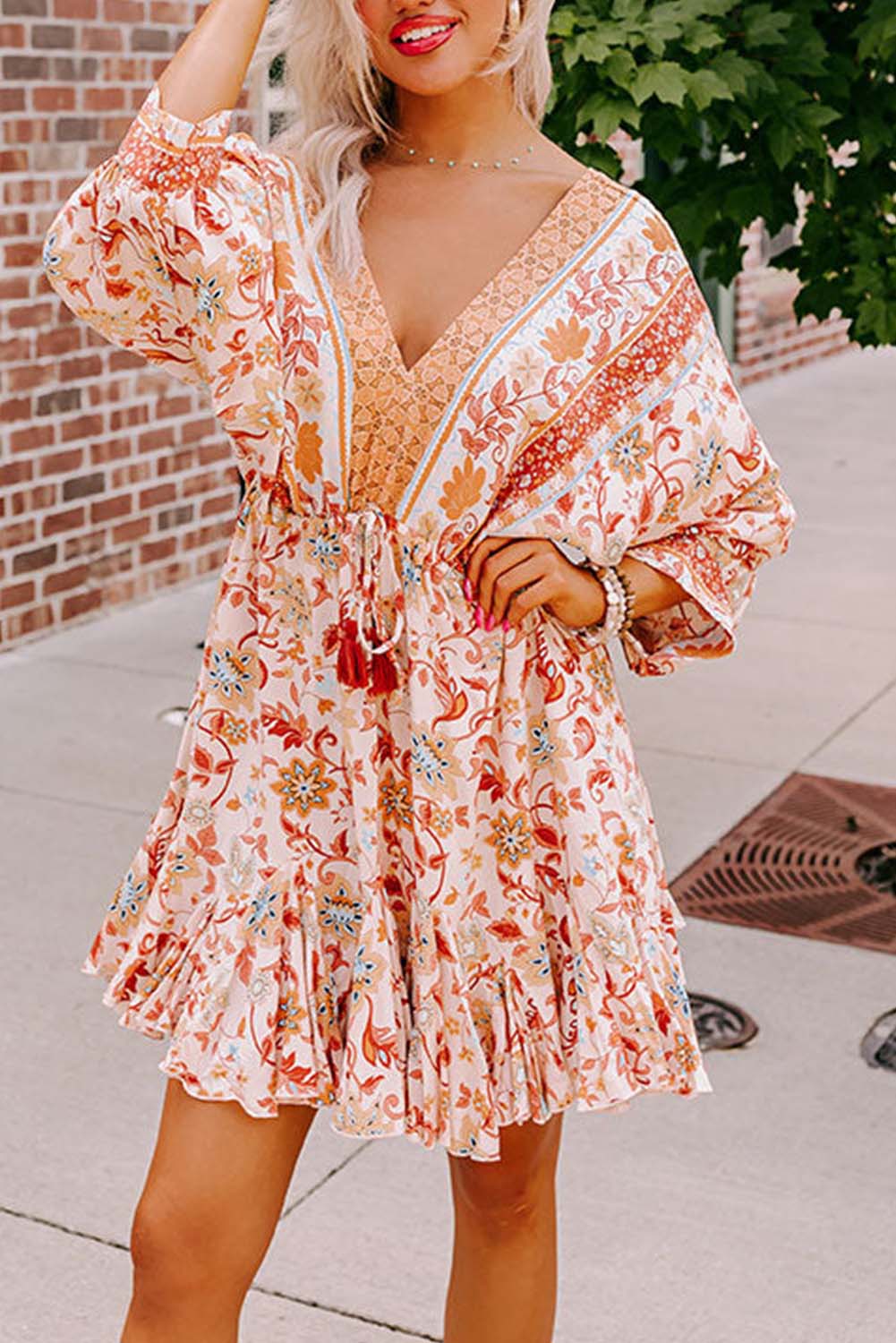 Orange Floral Sexy V Neck Dolman Sleeve Boho Dress Dresses JT's Designer Fashion