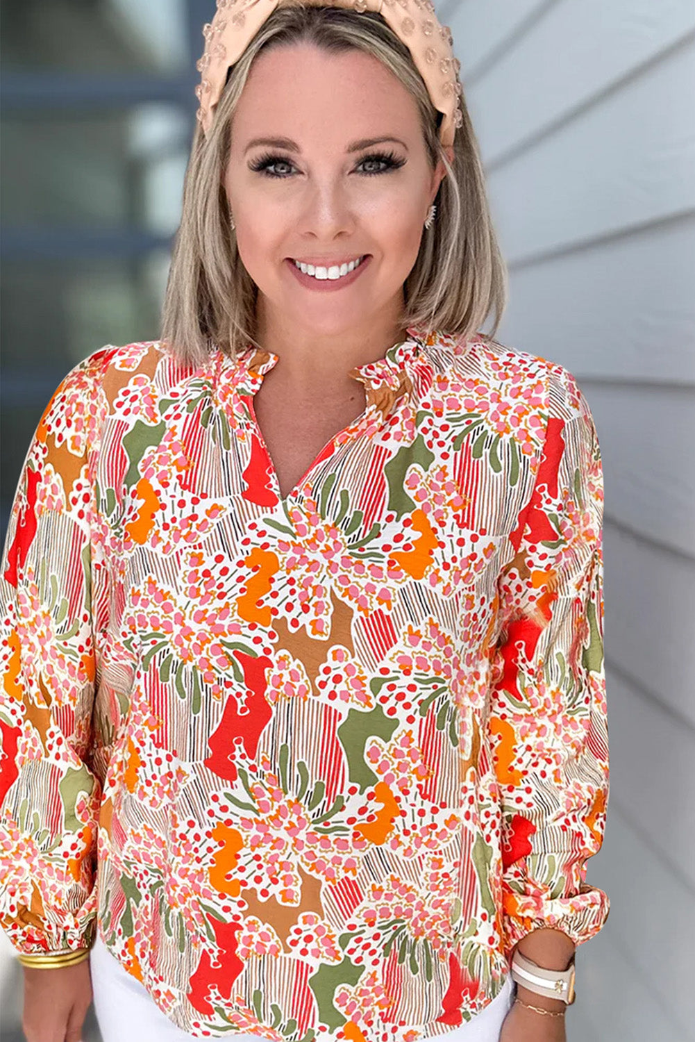 Orange Printed Floral Abstract Print Frilled V Neck Plus Size Blouse Plus Size JT's Designer Fashion