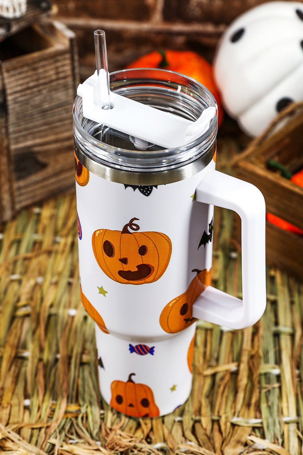 Bright White 40oz Halloween Print 304 Stainless Steel Thermos Cup Tumblers JT's Designer Fashion