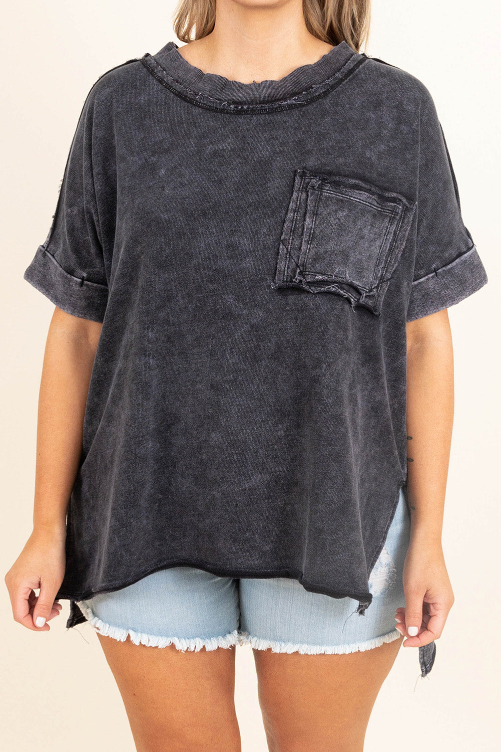 Gray Mineral Wash Distressed Slit Patch Pocket Oversize Tee Plus Size JT's Designer Fashion