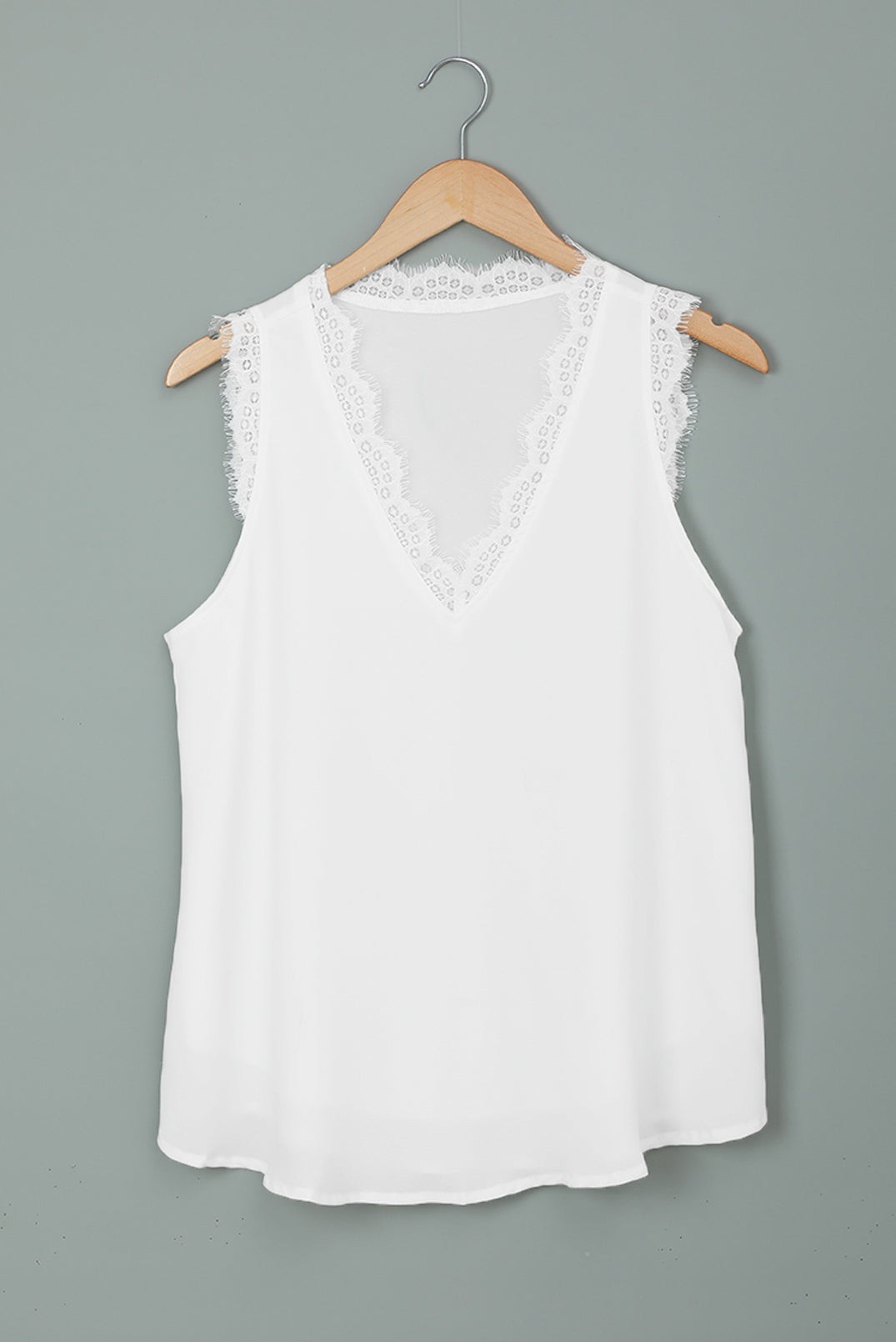 White Sleeveless Eyelash Lace V Neck Tank Top Tank Tops JT's Designer Fashion