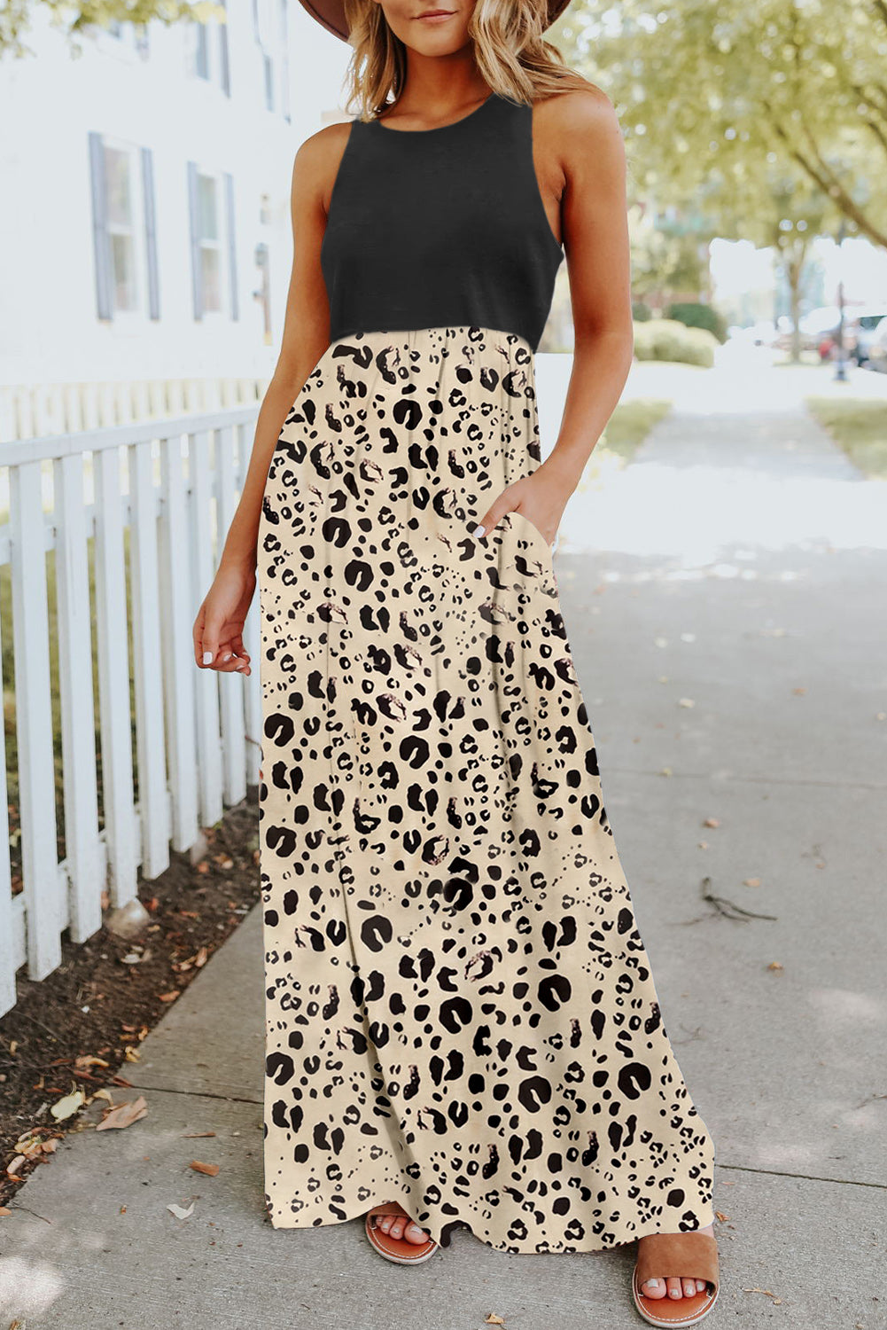 Leopard White Striped Floral Print Sleeveless Maxi Dress with Pocket Dresses JT's Designer Fashion